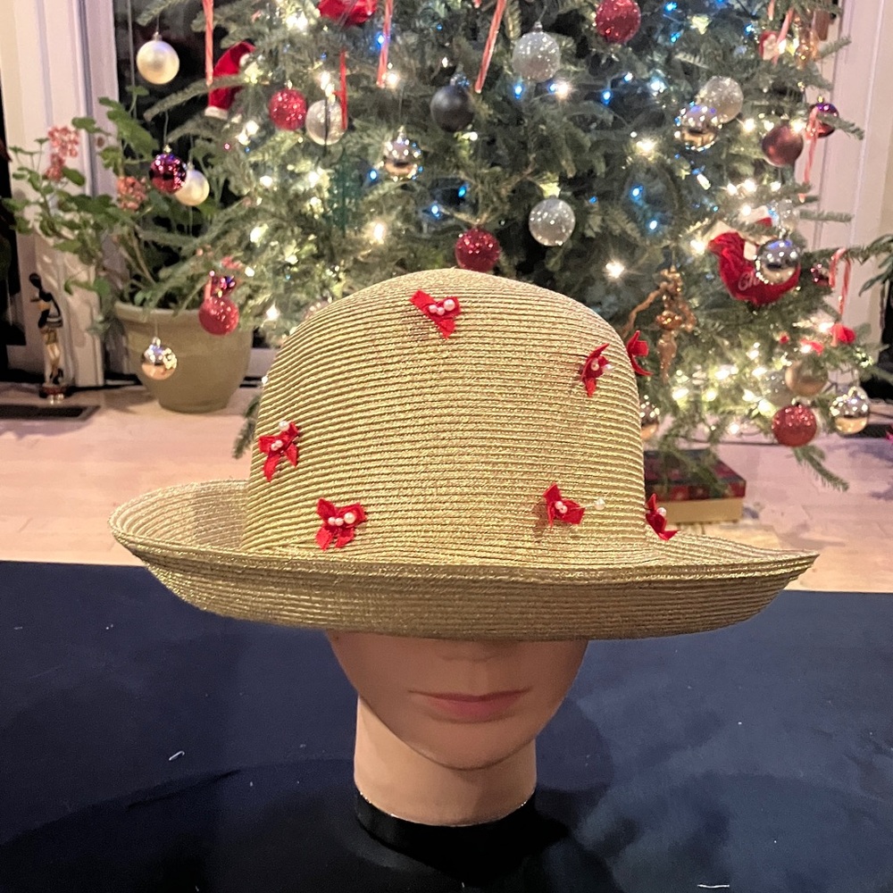 Chic Metallic Gold Hat with Red Bow Accents